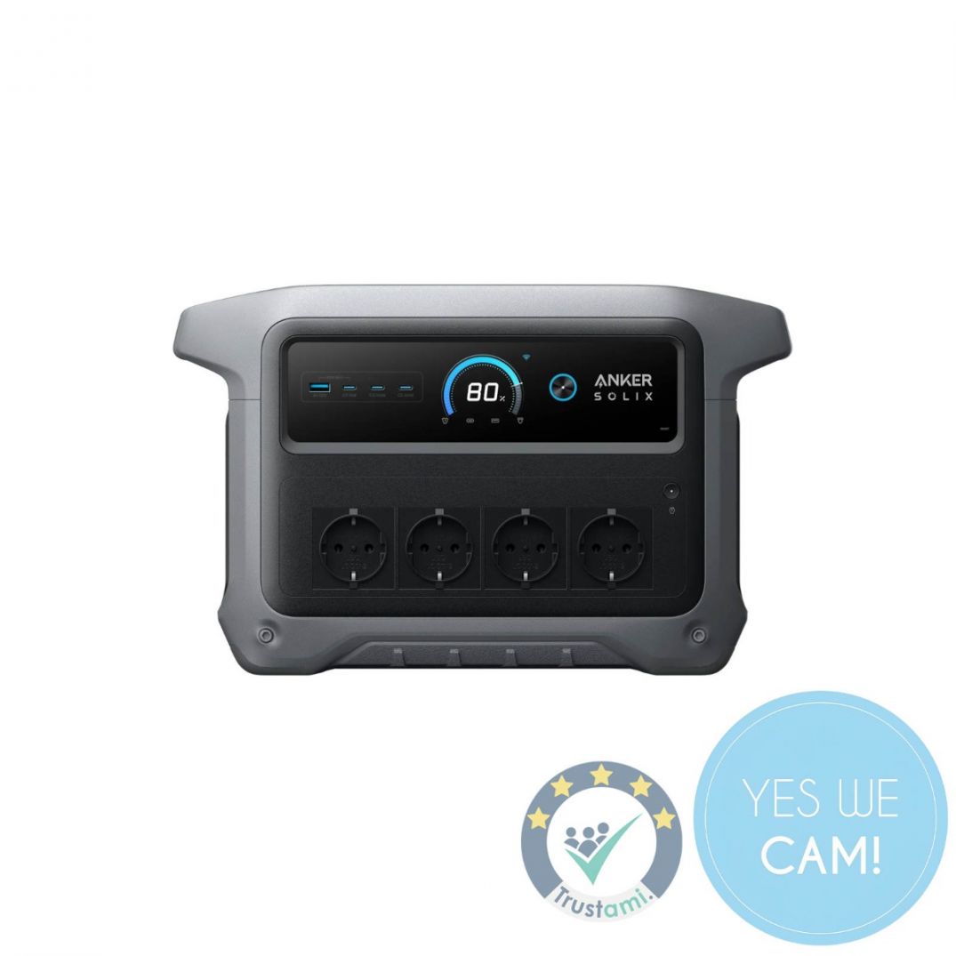Anker Solix C1000X GEN 2 tragbare Powerstation in schräger Frontansicht mit Display und integrierten Tragegriffen