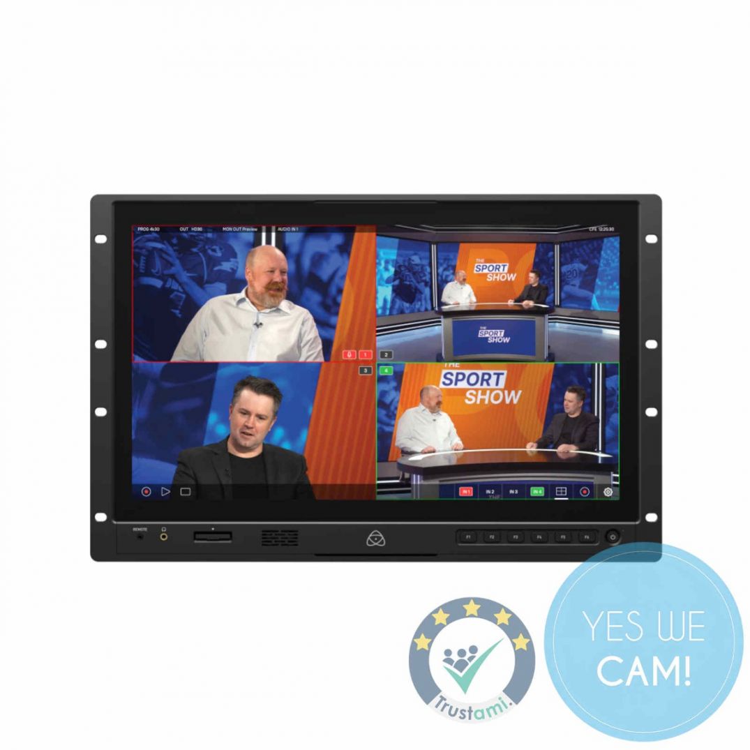 ATOMOS Shogun AV 19 professioneller 19 Zoll 4K HDR Monitor Recorder mit vier Kameraperspektiven in der Multiview Ansicht.