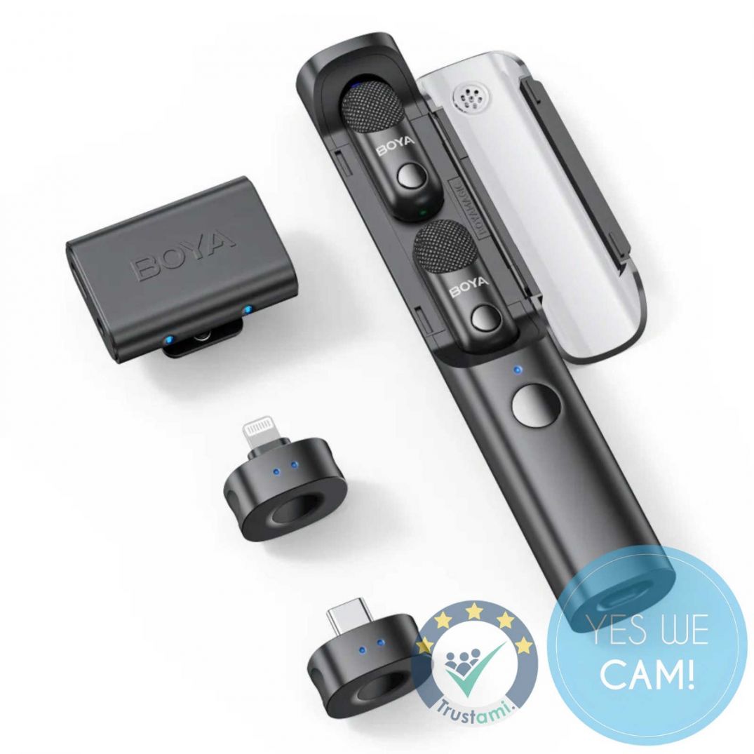 BOYA MAGIC 02 mit zwei Sendern im geöffneten Ladeetui sowie USB C, Lightning und Kameraempfänger.