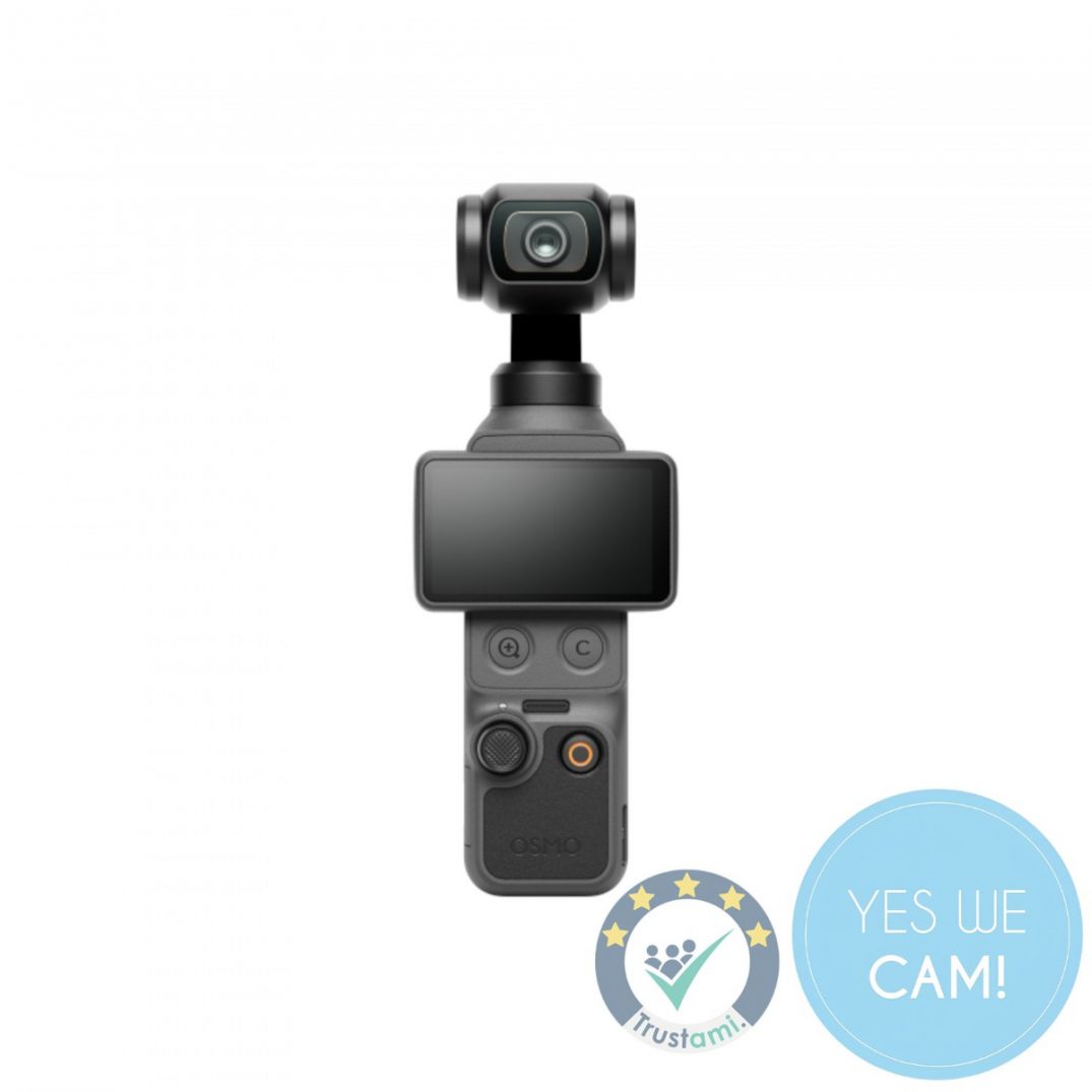 DJI Osmo Pocket 4 Gimbal-Kamera in der Frontansicht mit drehbarem Display und Bedientasten