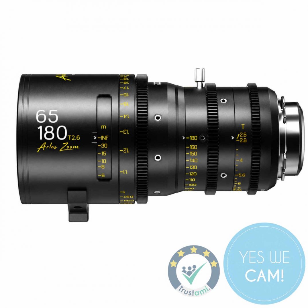 DZOFILM Arles Zoom 65–180mm T2.6 Cine-Zoomobjektiv mit PL-Mount und metrischer Fokusskala in Seitenansicht