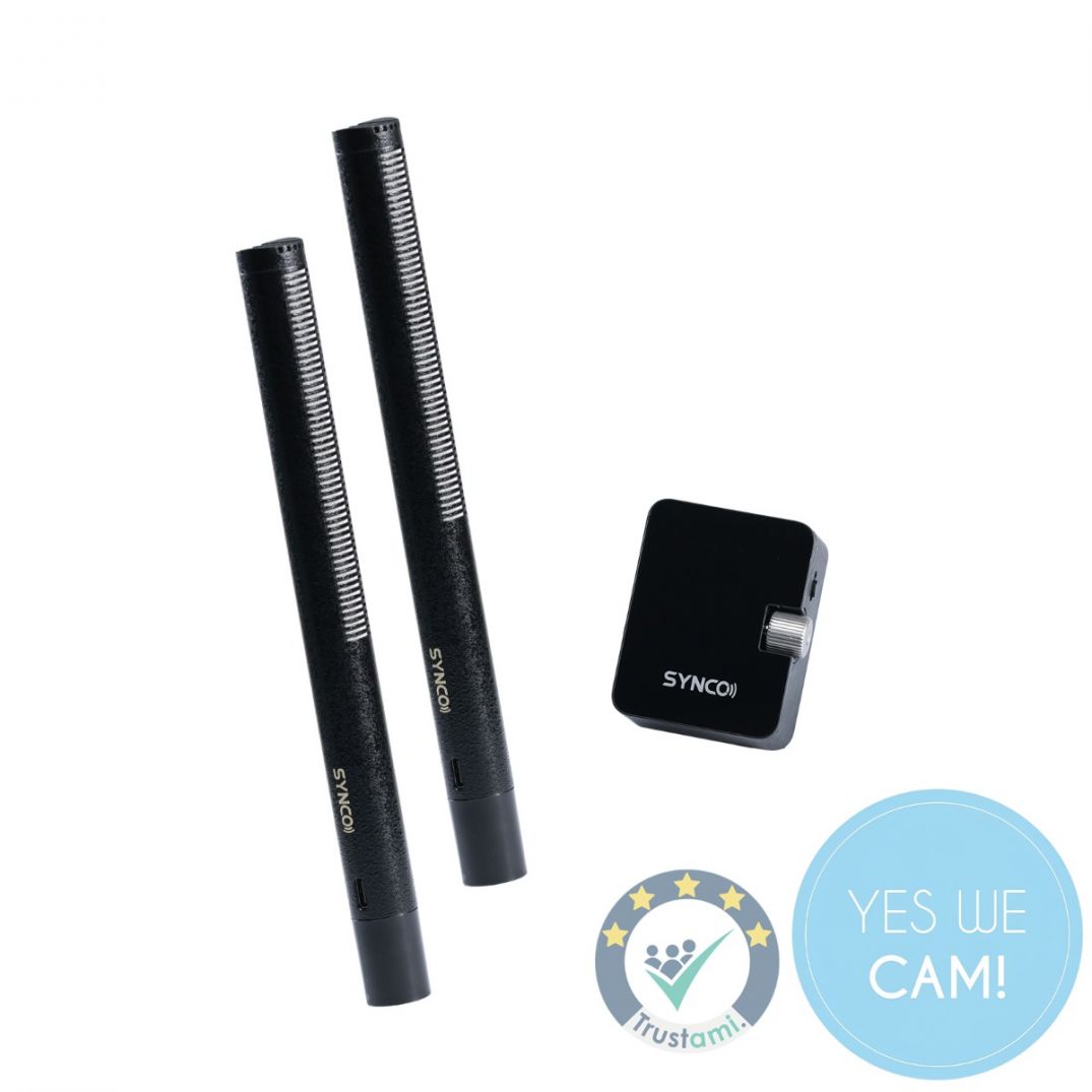 SYNCO D2 Wireless Combo mit zwei schwarzen Shotgunmikrofonen und kompaktem Funkempfänger.