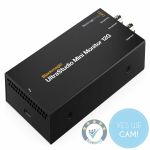 Blackmagic Design UltraStudio Mini Monitor 12G in perspektivischer Ansicht mit Thunderbolt-Anschluss, HDMI-Ausgang und zwei 12G-SDI-Ausgängen