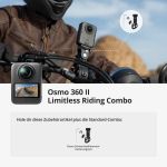 DJI Osmo 360 II am Motorradlenker mit Detailansicht der Schwerlastklemme und Zubehörübersicht der Limitless Riding Combo.