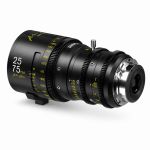 DZOFILM Arles Zoom 25-75mm T2.6 Full-Frame-Cine-Zoomobjektiv in schräger Frontansicht mit sichtbarer Frontlinse und metrischer Beschriftung.