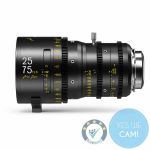 DZOFILM Arles Zoom 25-75mm T2.6 Full-Frame-Cine-Zoomobjektiv in seitlicher Ansicht mit metrischer Fokus-, Zoom- und Blendenskala.