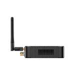 Rechte Seitenansicht des Teradek Prism Flex Mk II Decoders mit Kühlrippen, Antennenanschluss und WLAN-Antenne