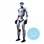 Unitree G1 EDU-U2 humanoider Roboter in stehender Pose vor weißem Hintergrund, daneben rundes „Yes We Cam!“ Logo