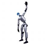 Unitree G1 EDU-U4 humanoider Roboter in stehender Pose mit seitlich geneigtem Oberkörper und erhobenem Arm, freigestellt auf weißem Hintergrund