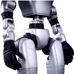 Detailaufnahme des Unitree G1 EDU-U4 humanoiden Roboters mit Fokus auf Taillen-/Hüftgelenk, Oberschenkel und Arme, freigestellt auf weißem Hintergrund