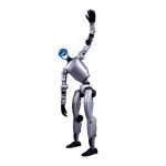 Unitree G1 humanoider Roboter in seitlicher Neige-Position, mit einem Arm hochgestreckt und dem Körper leicht zur Seite geneigt, silbernes Design mit blau beleuchtetem Gesichtspanel.