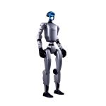 Unitree G1 humanoider Roboter in aufrechter Position, mit schlanker Silberoptik, blau beleuchtetem Gesichtspanel und vollständig artikulierten Armen und Beinen.