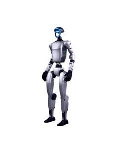 Unitree G1 humanoider Roboter in futuristischem Silberdesign, mit schlanker zweibeiniger Konstruktion, blau beleuchtetem Gesichtspanel und artikulierten Armen und Händen.