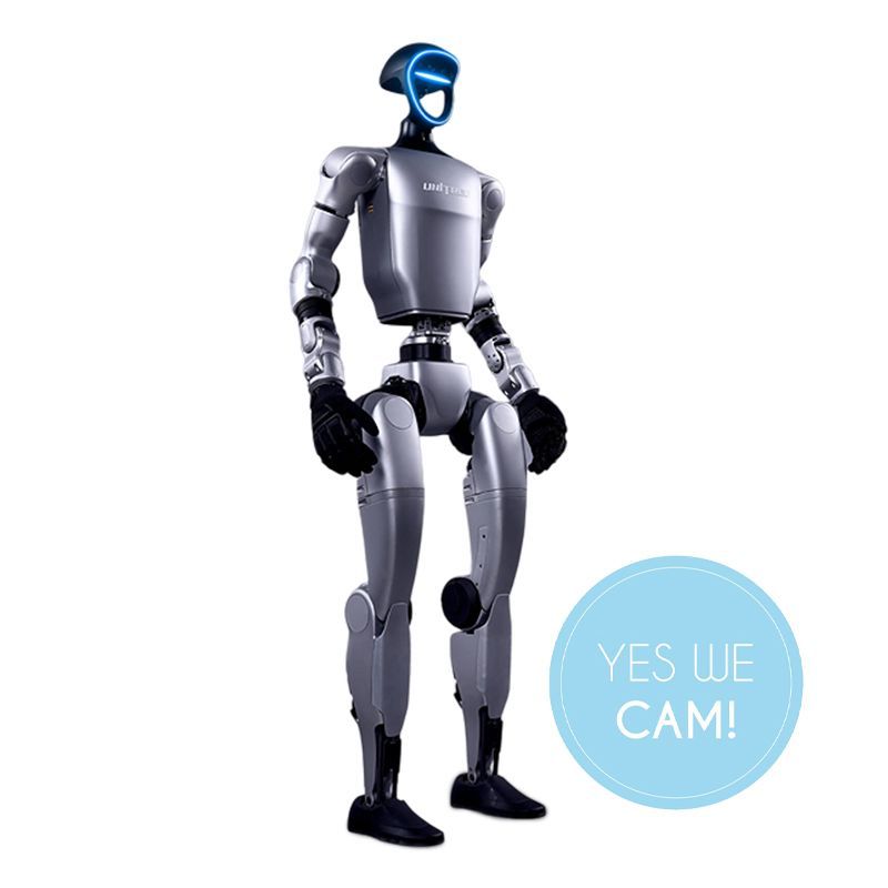 Unitree G1 EDU-U1 humanoider Roboter in stehender Pose vor weißem Hintergrund, daneben rundes „Yes We Cam!“ Logo