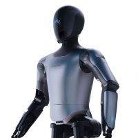 Magicbot humanoider Roboter mit grauem Hightech-Design und schwarzem Displaygesicht, Studioaufnahme