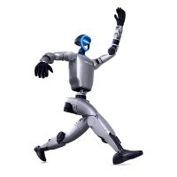 Unitree G1 EDU-U3 humanoider Roboter in laufender Bewegung mit erhobenem Arm, freigestellt auf weißem Hintergrund